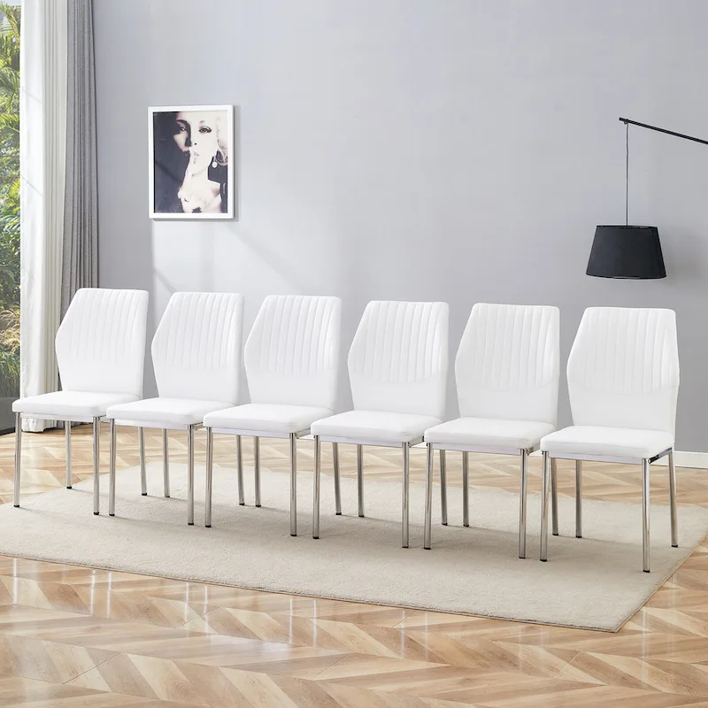 Luxury Simple Chair Set of 6 PU High Resilience Dining Chair with Metal Silver Leg Kitchen Armless Side Chair