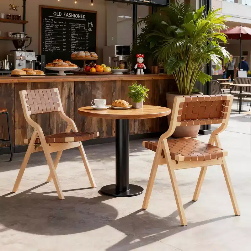 Set of 2 Wood Foldable & Stackable Dining Chairs, Woven Seat & Back — Beige/Natural