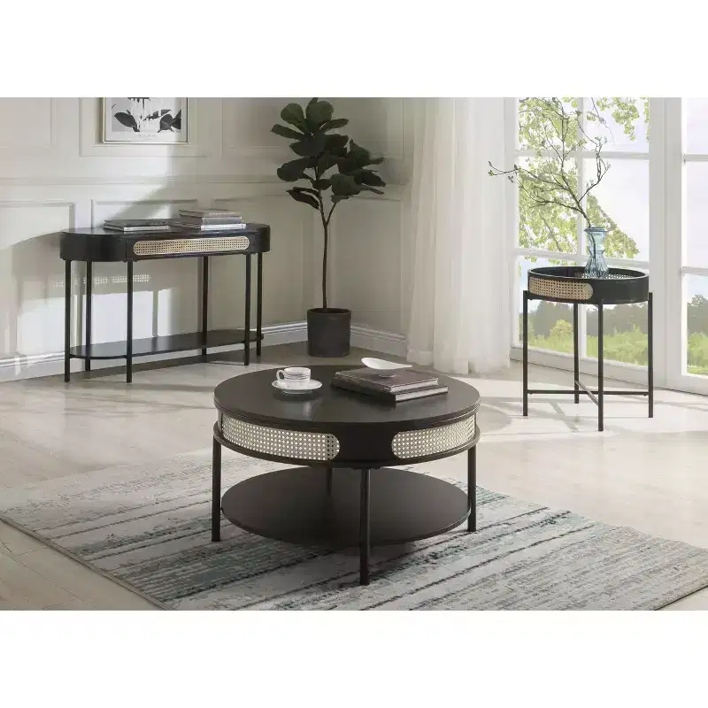 22 Colson Accent Table Black Finish - Acme Furniture: Rattan Detail, Metal Frame, Wood Top, No Assembly Required