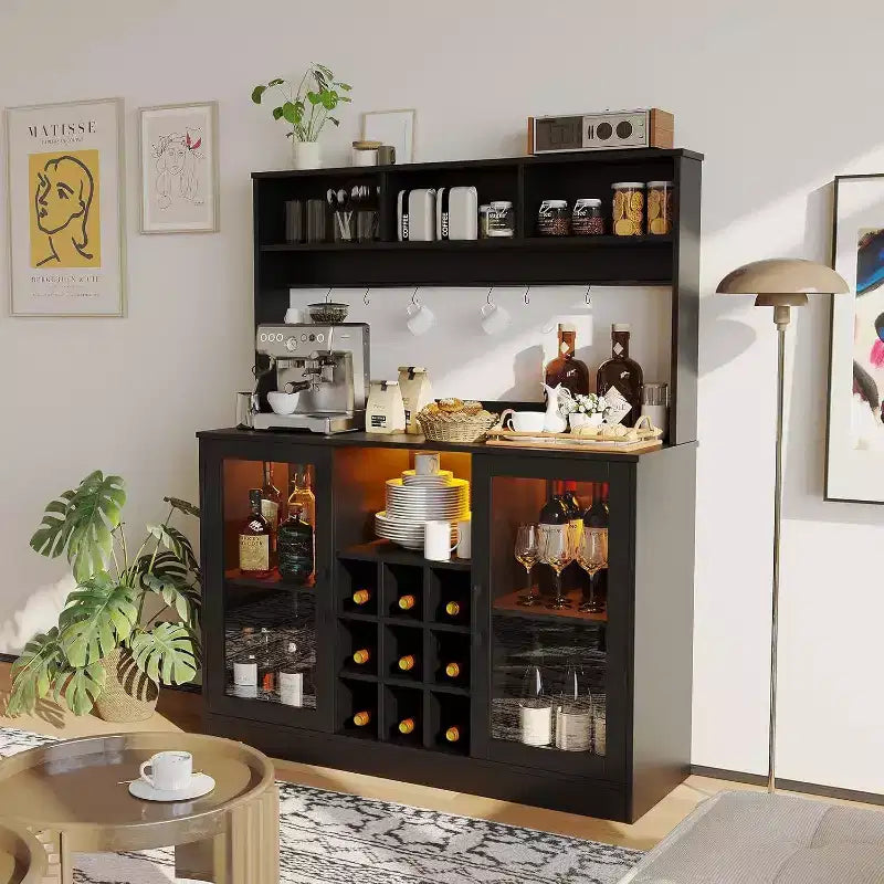 Acekool Coffee Bar Cabinet with Power Outlet, Adjustable Shelves, Hooks, Sideboard Storage for Kitchen Dining, Black