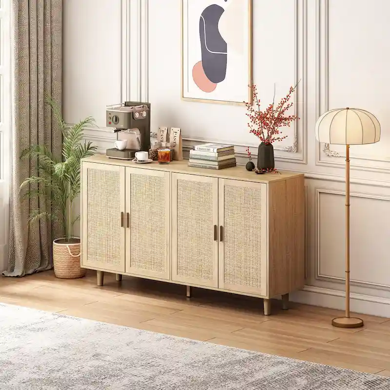 62.20 Elegant and Functional 4-Door Rattan Decorative Storage Cabinet,for Bedroom,Living Room,Office,Easy Assembly