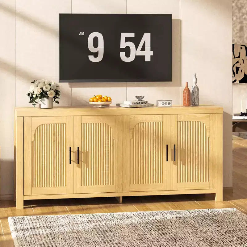 71 Sideboard Buffet Cabinet, Farmhouse Entryway Coffee Bar Cabinet with 4 Doors, Wooden Media Console Table, Accent Credenza for Living Room Kitchen