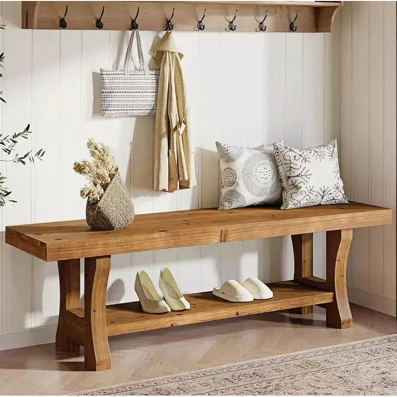 Lantine Solid Wood Entryway Bench, 55 End of Bed Bench, Long Indoor Dining Seat for Hallway, Bedroom, Living Room, Dining Room, Brown