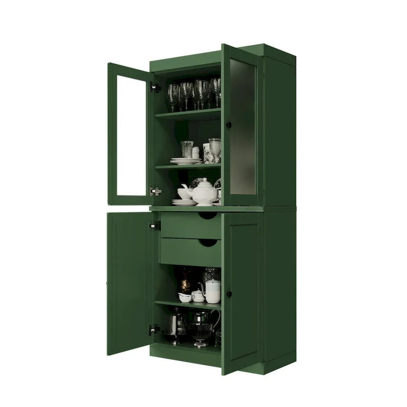 100% Solid Wood Pantry Cabinet with Frosted Glass Doors, Solid Doors, 2-Drawers and Adjustable Shelves