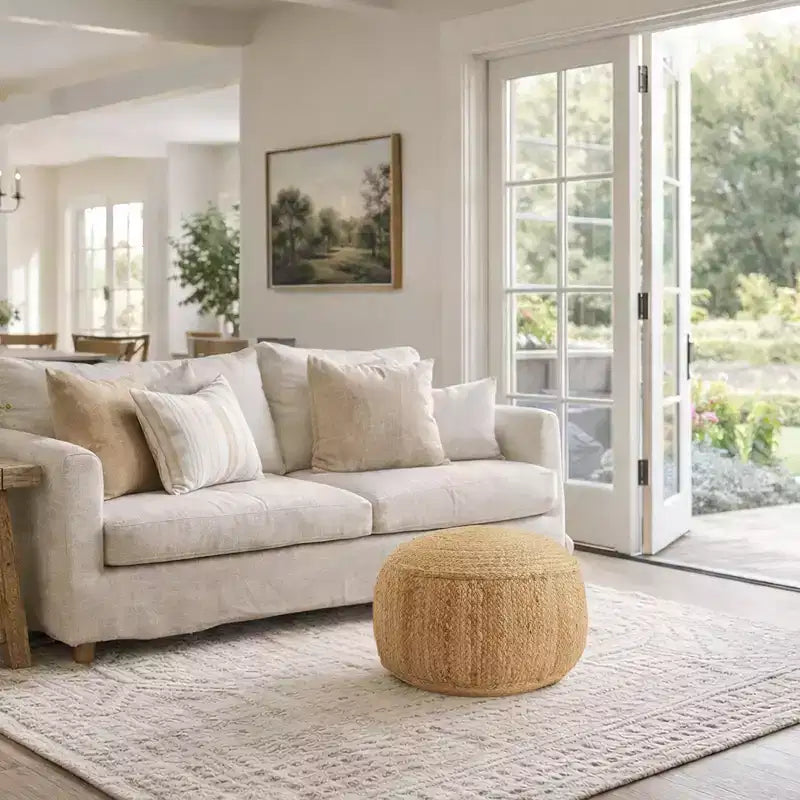 Casafield Braided Jute Pouf, 22 W x 22 D x 14 H Woven Jute Ottoman Footrest, Decorative Indoor Boho Home Accent for Living Room