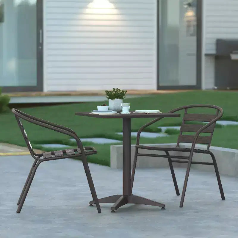 Emma and Oliver 23.5'' Square Aluminum Indoor-Outdoor Table Set with 2 Slat Back Chairs