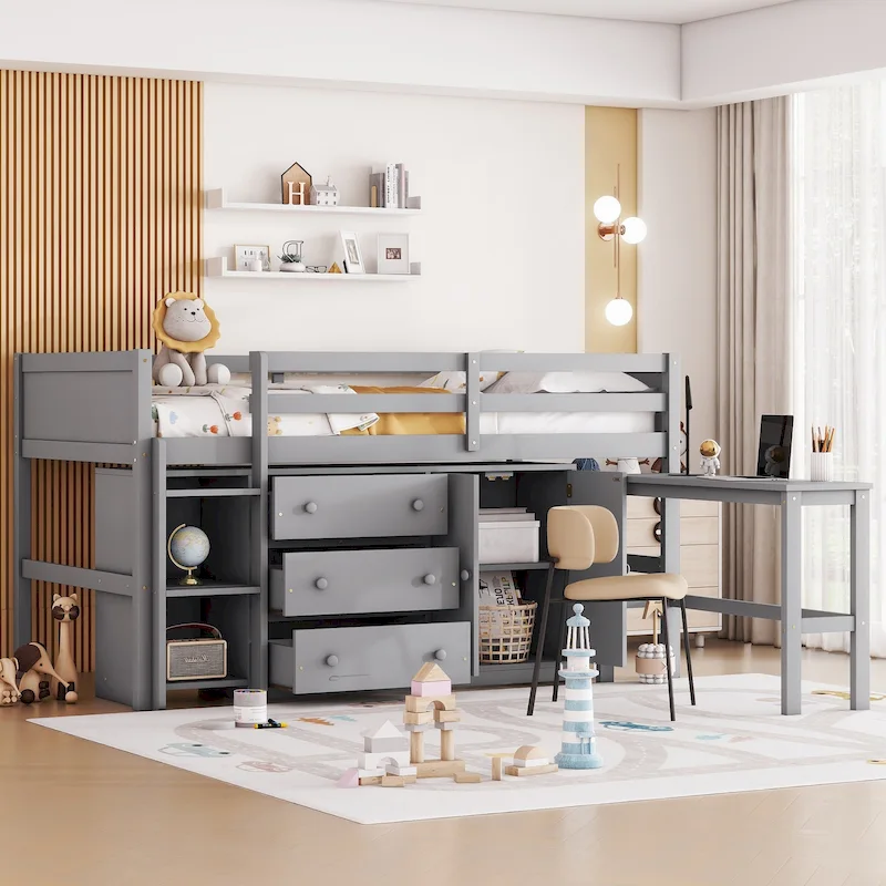 Grey Twin Size Wood Low Loft Bed With Pull-Out Desk, Drawers, Cabinet, and Shelves