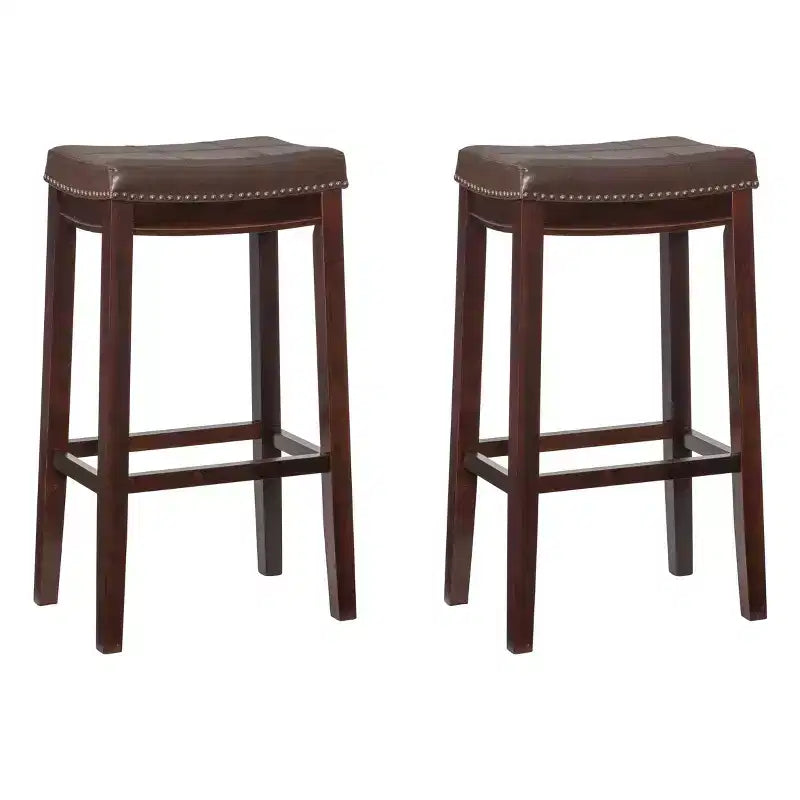 Set of 2 Faux Leather Barstools - Armless, Backless with Footrest, Fixed Height