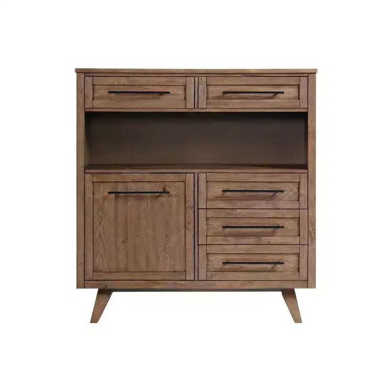 Oslo Server Weathered Chestnut - Intercon: Oak Veneer, Bronze Nail Accents, 5 Drawers, 3 Shelves