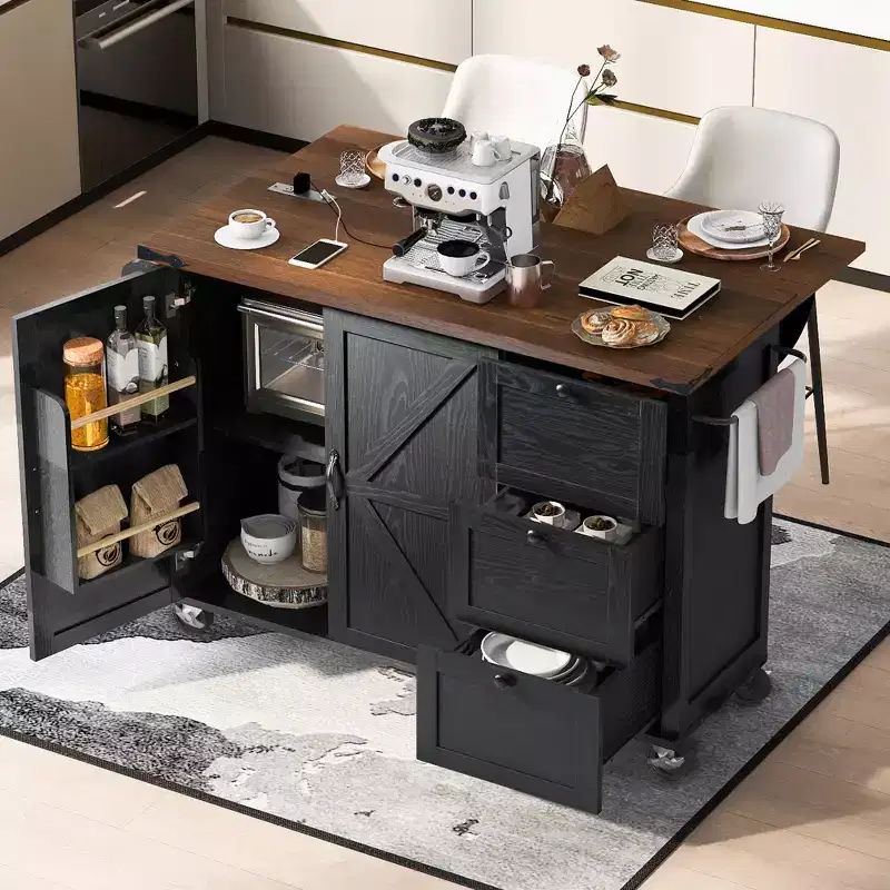 Kitchen Island with Drop Leaf, Power Outlet, Internal Storage Rack, Rolling Kitchen Cart on 5 Wheels with 5 Open Side Racks (Bar Stools Not Included)