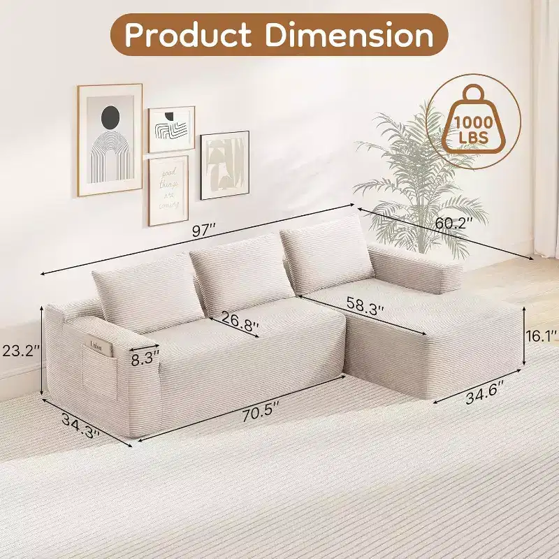 MooxvMoo 97 L-Shaped Modular Sectional Sofa, Compression Sleeper Couch with Right Facing Chaise, Deep Seats for Living Room, White