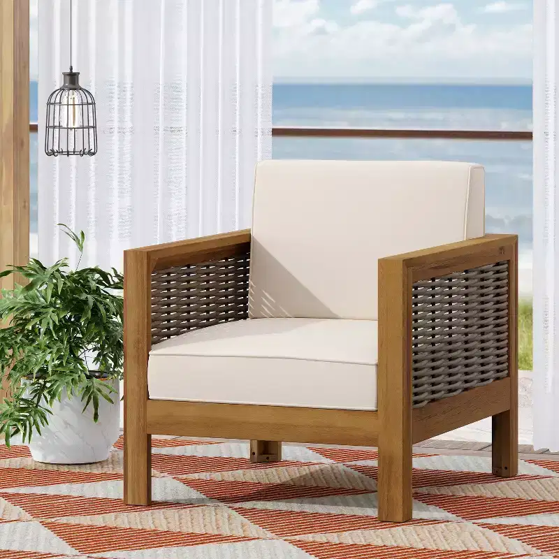 Okak Patio Accent Chairs with Wicker Frame,Set of 1/3,Upholstered Outdoor Armchair Acacia Club Chair for Backyard,Patio&Garden,400lbs Max