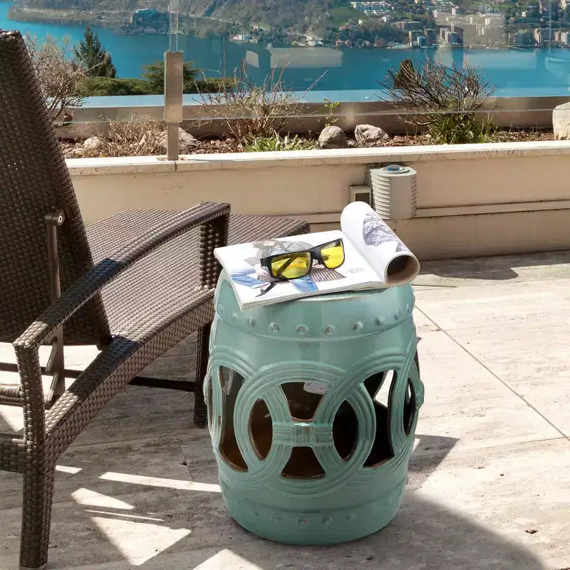 NAYSAYE End Table with Fretwork Design, Decorative End Table for Home Lawn Garden Patio, Antique Blue, 11.5*17.25*11.5