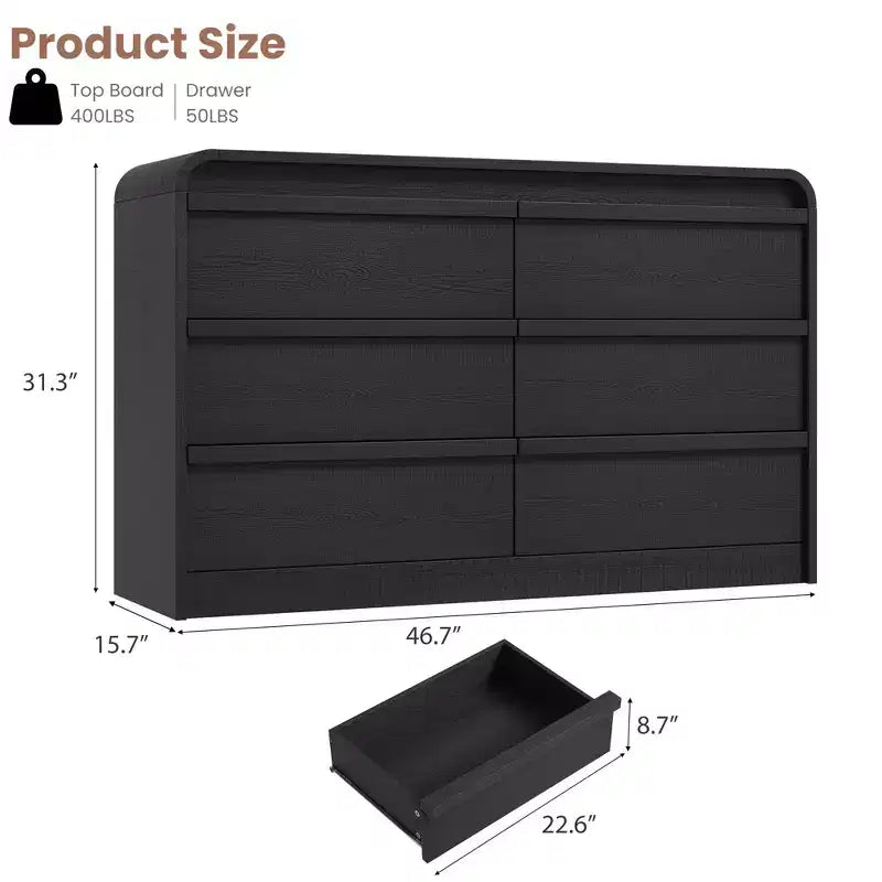 Arched 6 Drawer Dresser for Bedroom, 47in Wide Wooden 6 Chest of Drawers with Curved Design, Modern Closet Storage Cabinet for Living Room, Nursery
