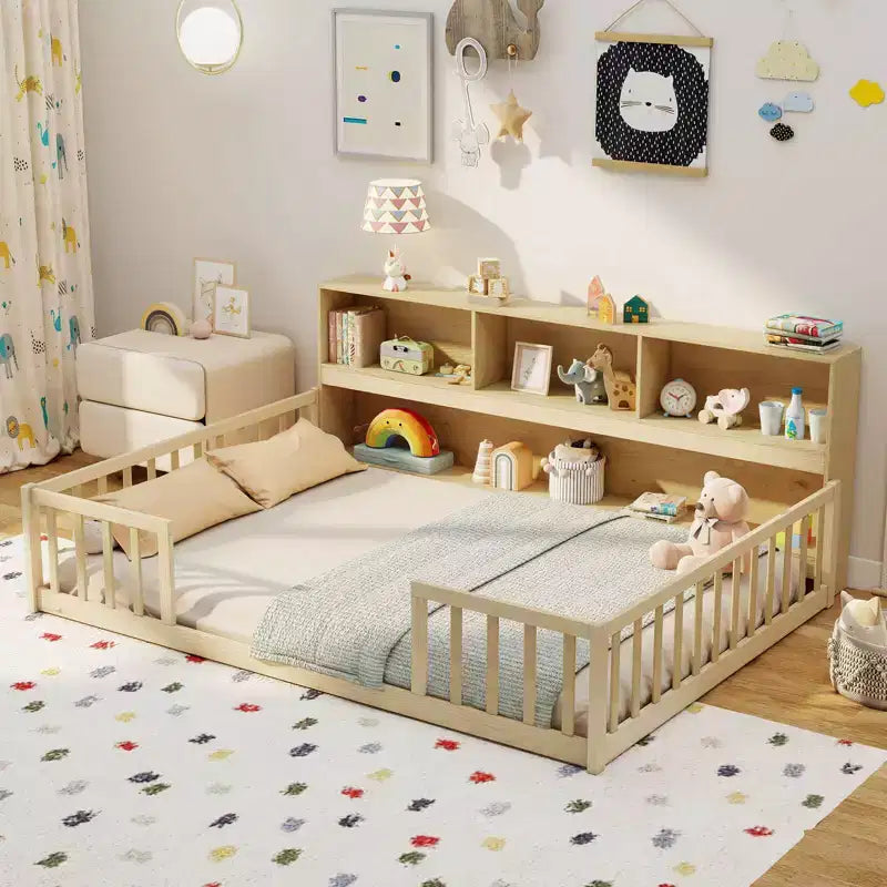 Costway Full Size Montessori Floor Bed with Bookcase Storage Shelves & Safety Fence Rails Pink/Natural/White/Gray