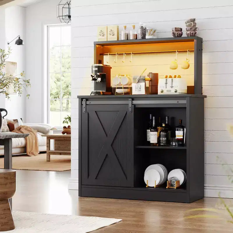 Besiost Sideboard Buffet with Charging Station, Farmhouse Coffee Bar Cabinet with Barn Door