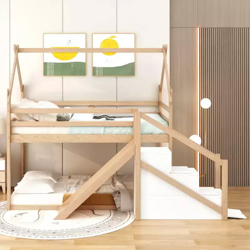 Twin over Twin Kids' House Bunk Bed with Slide, Stairs & Storage - Solid Pine & MDF, Space-Saving Fun