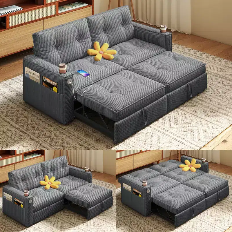 73 Queen Size Loveseat Sleeper Sofa w/ Pull Out Bed, Pockets and USB, Modern 2 Seater Convertible Small Couch for Living Room, Gray
