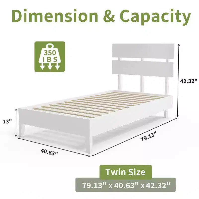 Karl Home Solid Wood Platform Bed Frame , Twin Bed Frame with Headboard Included, Mid Century Modern Bed, White