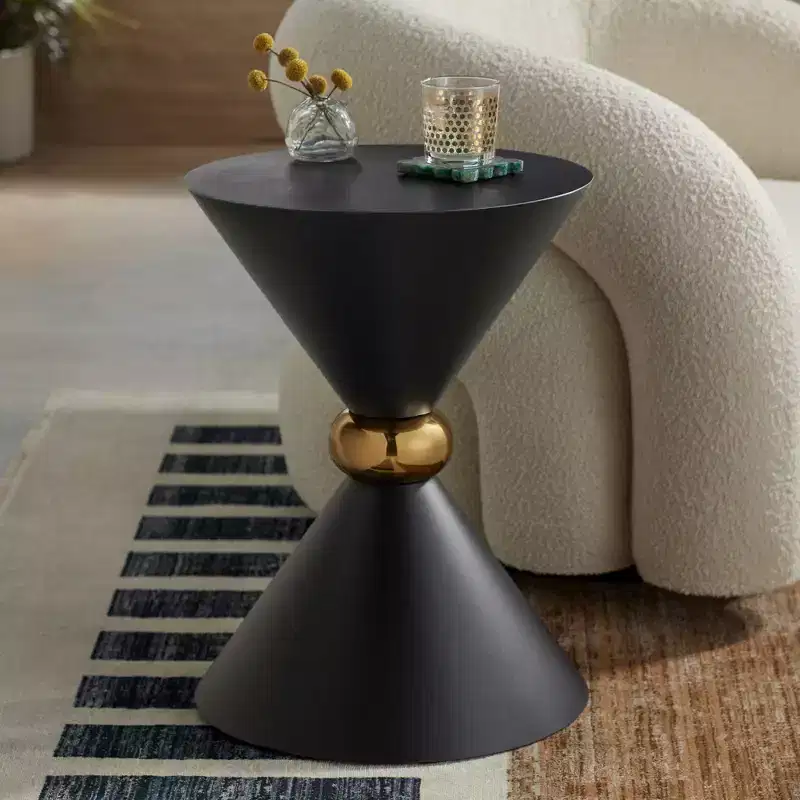 Mid-Century Modern Metal Hourglass Round Accent Side End Table 17 3/4 Wide Black Gold Ring for Living Room