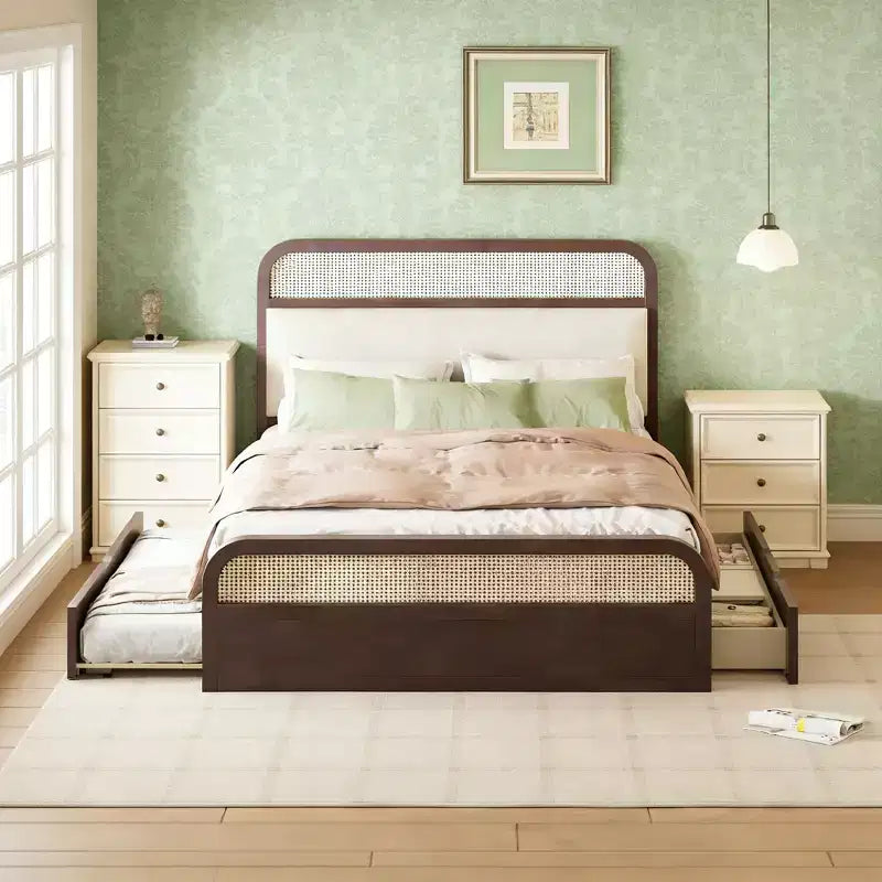 Luxystar Queen size Wood Rattan Platform Bed with Trundle, 2 Drawers and Upholstered Headboard, Espresso