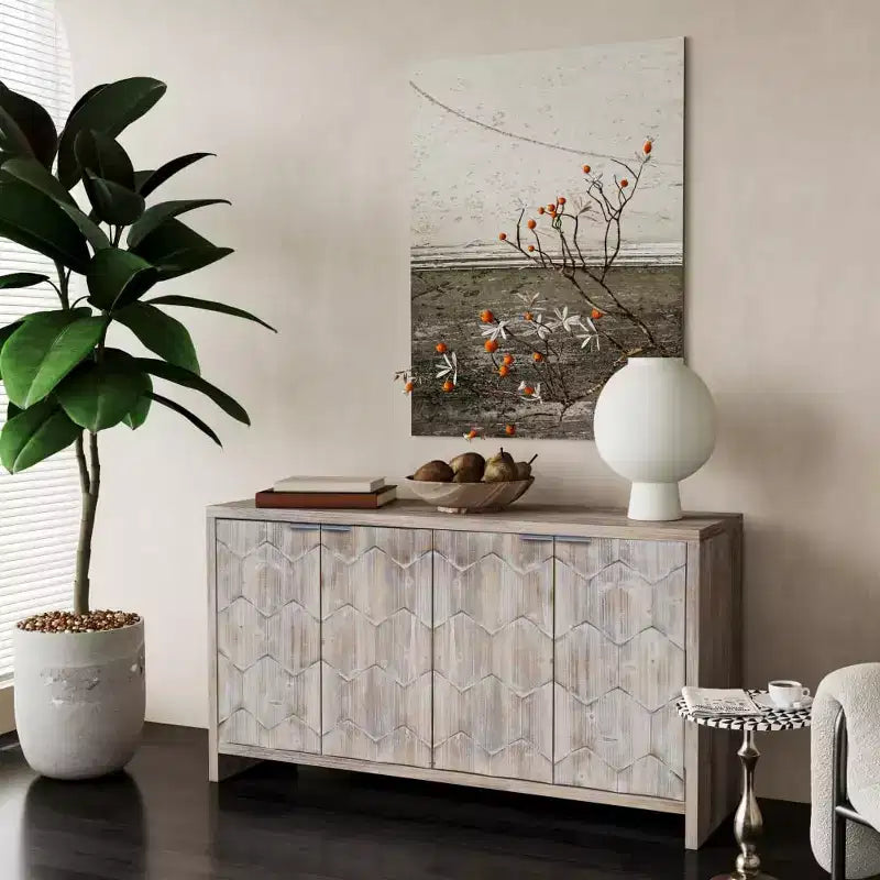 Sideboard Buffet Cabinet, Kitchen Pantry Storage Cabinet with 4 Metal Door Handles,Hexagonal Pattern Coffee Bar Cabinet