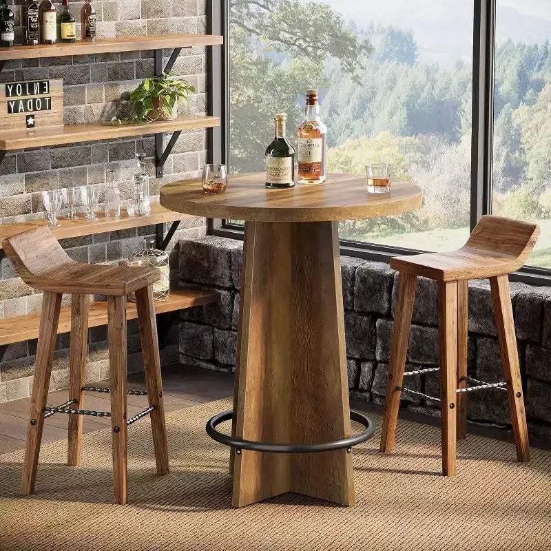 Lantine Round Bar Table, 37.4'' Wooden Bistro Pub Table with Base and Metal Ring Footrest for Cafe, Home, Small Space, Only Table