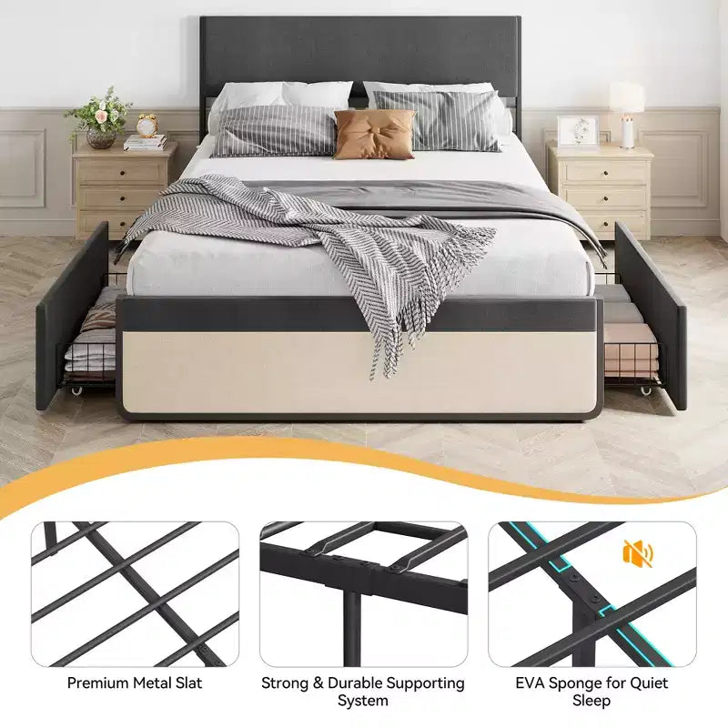 Upholstered Platform Bed Frame �C Tufted Headboard & 2 Storage Drawers
