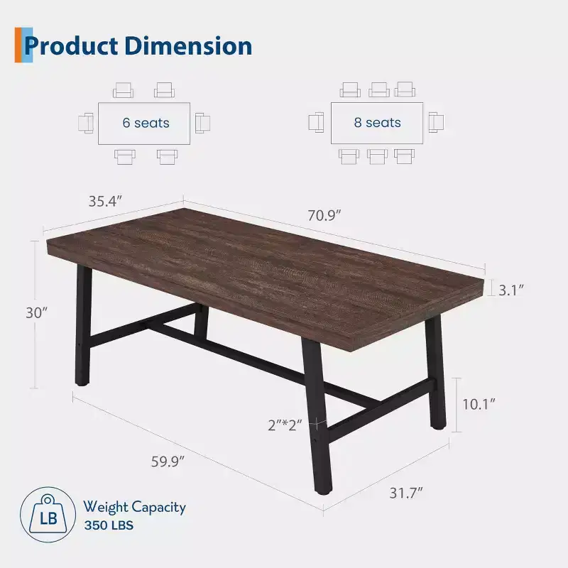 GustoWave Industrial Dining Table for 6-8 People, 70.9 Long Wooden Kitchen Table with Sturdy Metal Frame