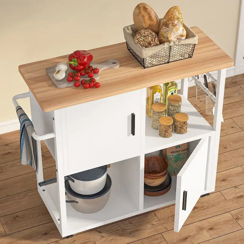 White Rolling Kitchen Island Cart with Wood Top Drawer Cabinet Open Shelf and Hooks