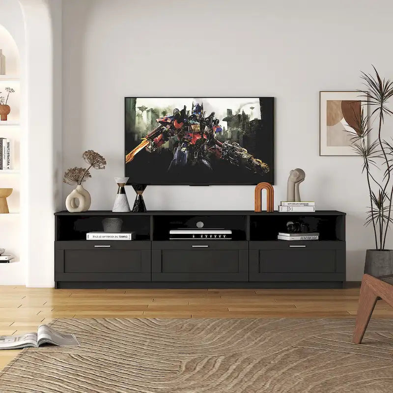 70.87 TV Stand | 3 Open Shelves & 3 Drawers | Black | High-Density Board | Fits 80 TV