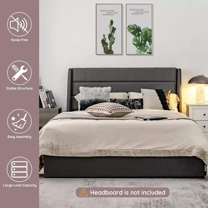 Platform Bed Frame with 3 Storage Drawers Upholstered Grey