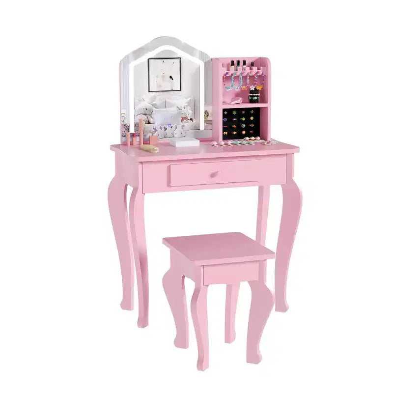 Pink / White Kids Vanity Set with Stool & Drawer, 1-Child, MDF Wood