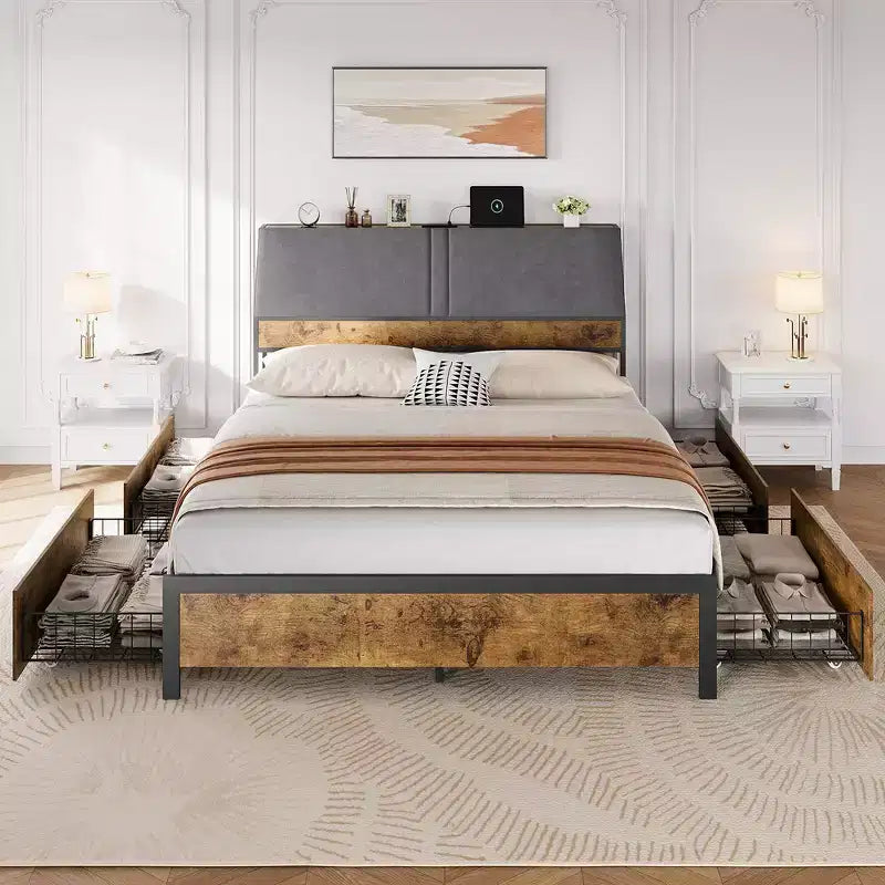 Whizmax Bed Frame with Charging Station and 4 Storage Drawers, Metal Platform Bed with Ergonomic Large Storage Headboard, No Box Spring Needed, Brown