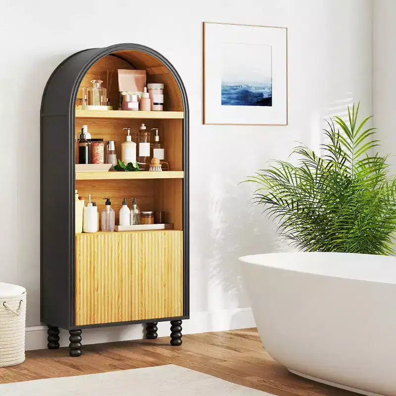 5-Tier Arched Bookcase with Open Shelves and Cabinet
