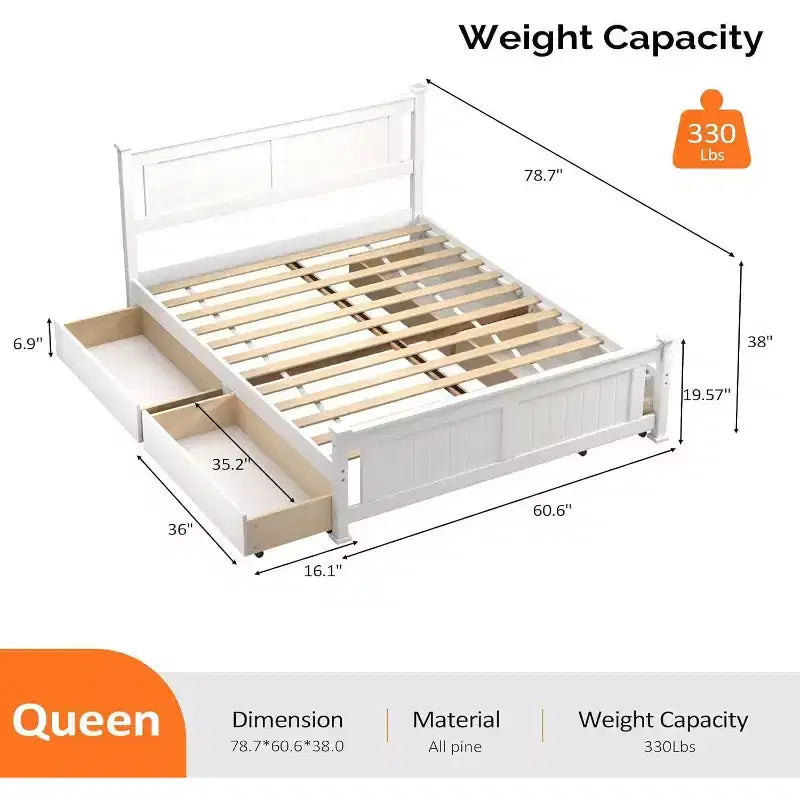 Wood Bed Frame Full Size with 4 Storage Drawers, Solid Wood Platform Bed with Headboard