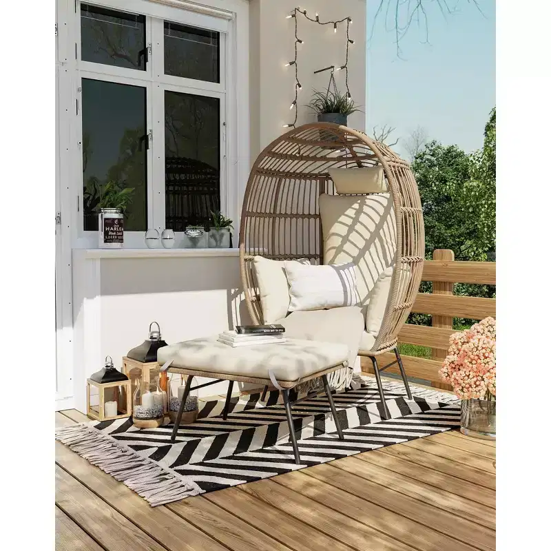 Oversize Wicker Egg Chair with Ottoman - Egg Shaped Lounge with Thick Cushion, Comfy Egg Rattan Seat, Indoor Outdoor Use, for Patio Porch Backyard