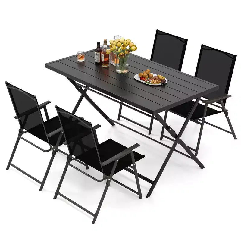 Costway 5 PCS Foldable Outdoor Dining Set,Large Rectangular Metal Table 4 Mesh Armchairs Black