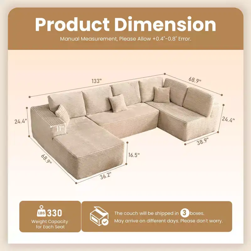 HOMLUX U-Shape Modular Sectional Sofa Couch, 27 Deep Seat Modern Minimalist Couches for Living Room, Style 6