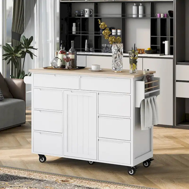 Rolling Kitchen Island Cart with 8 Handle-Free Drawers Rubberwood Top and Spice Rack