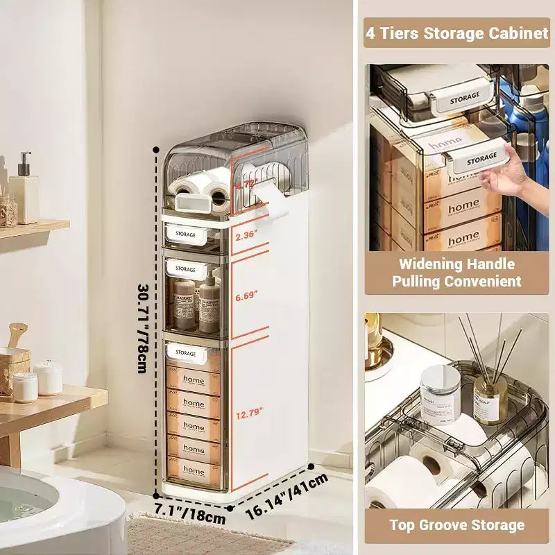 7 Ultra Narrow 4-Tier Bathroom Cabinet with Wheels & Drawers - Toilet Side Storage Organizer for Bathroom/Kitchen (White & Grey)