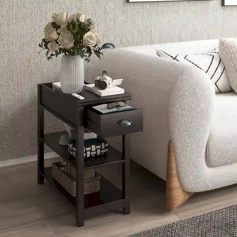 Narrow Side Table with Drawers and Flip-Over Bottom Partition