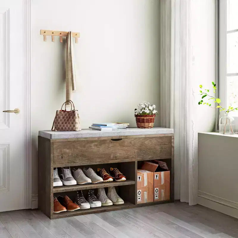 Shoe Storage Bench with Cushion, Entryway Bench with Flip-Top Storage for Hallway and Living Room