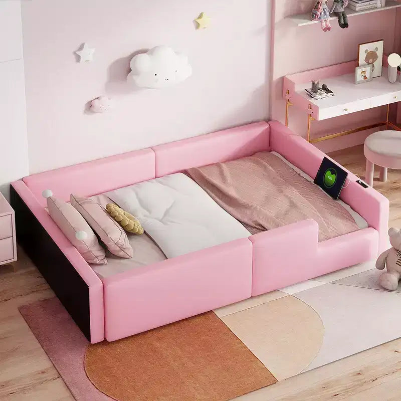 Whisen Twin Size Upholstered Platform Bed with Guardrail and Charging Station