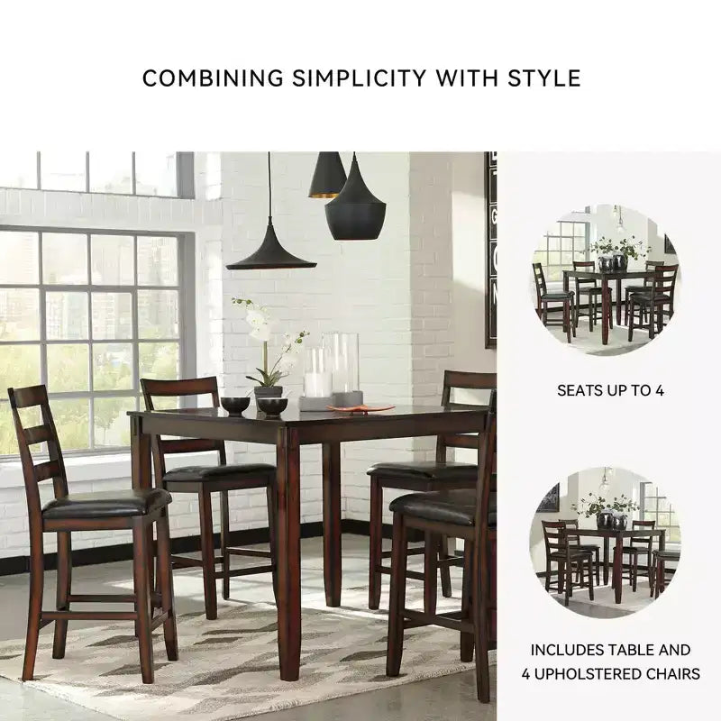 Coviar Counter Height Dining Table Set Brown - 5-Piece, Faux Leather Chairs, Wood Frame