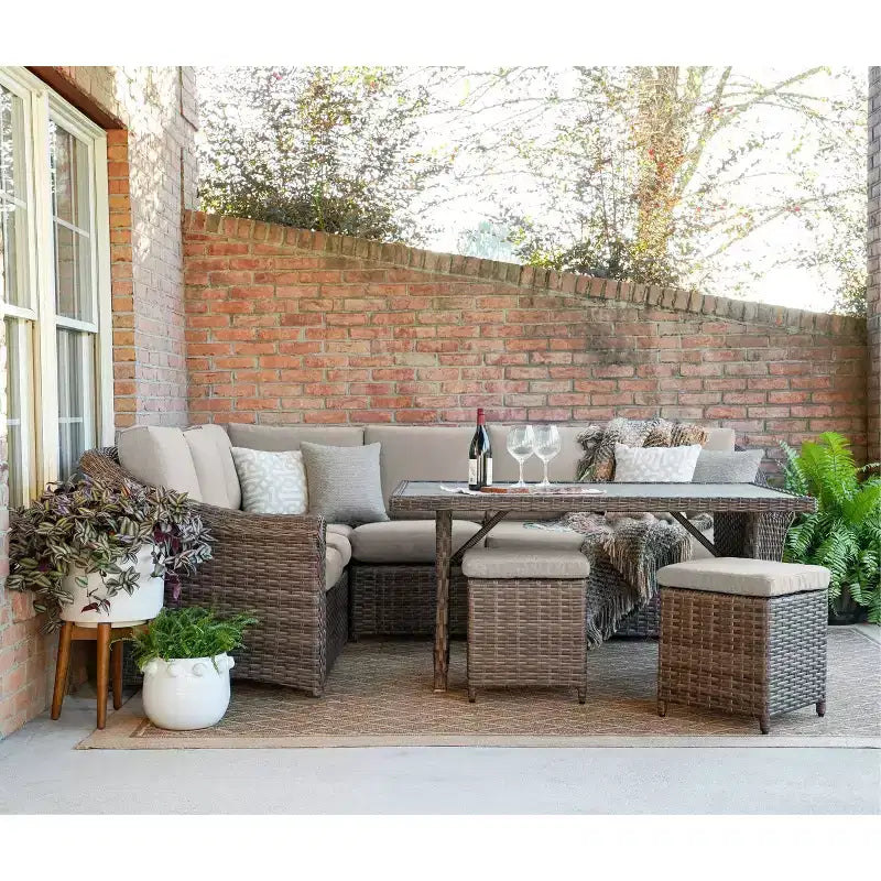 Leisure Made Walton 7pc Wicker Sectional in Tan Fabric