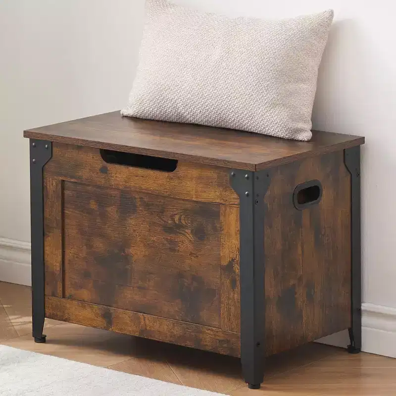 Wooden Storage Chest Bench,Leather Entryway Shoes Bench with Flip Top, Lift Top Storage Trunk with 2 Safety Hinges for Living Room