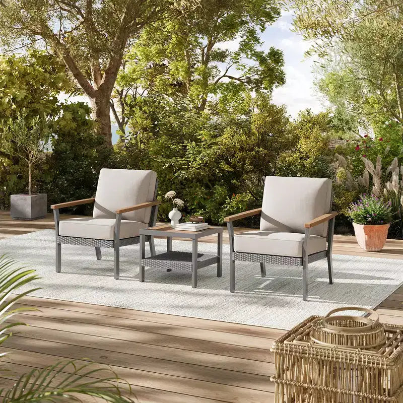 SONGMICS HOME Sencillo Collection - 3 Piece Patio Furniture Set, 2 Lounge Chairs and 1 Coffee Table, Outdoor Furniture, Gray and Beige