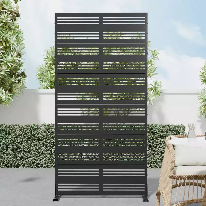 Louvered Black Galvanized Steel Privacy Screen, Indoor & Outdoor Divider, 6 Panels