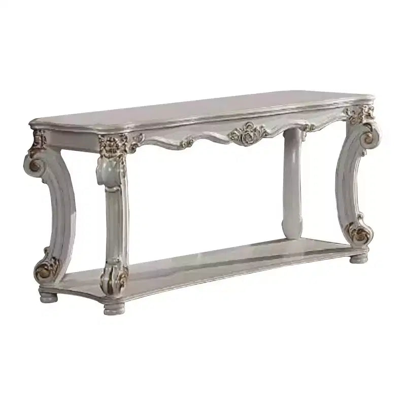 Royal Hampton 58 Inch Sofa Console Table, Classic Scrolled Legs, Brushed Gold, Shelf